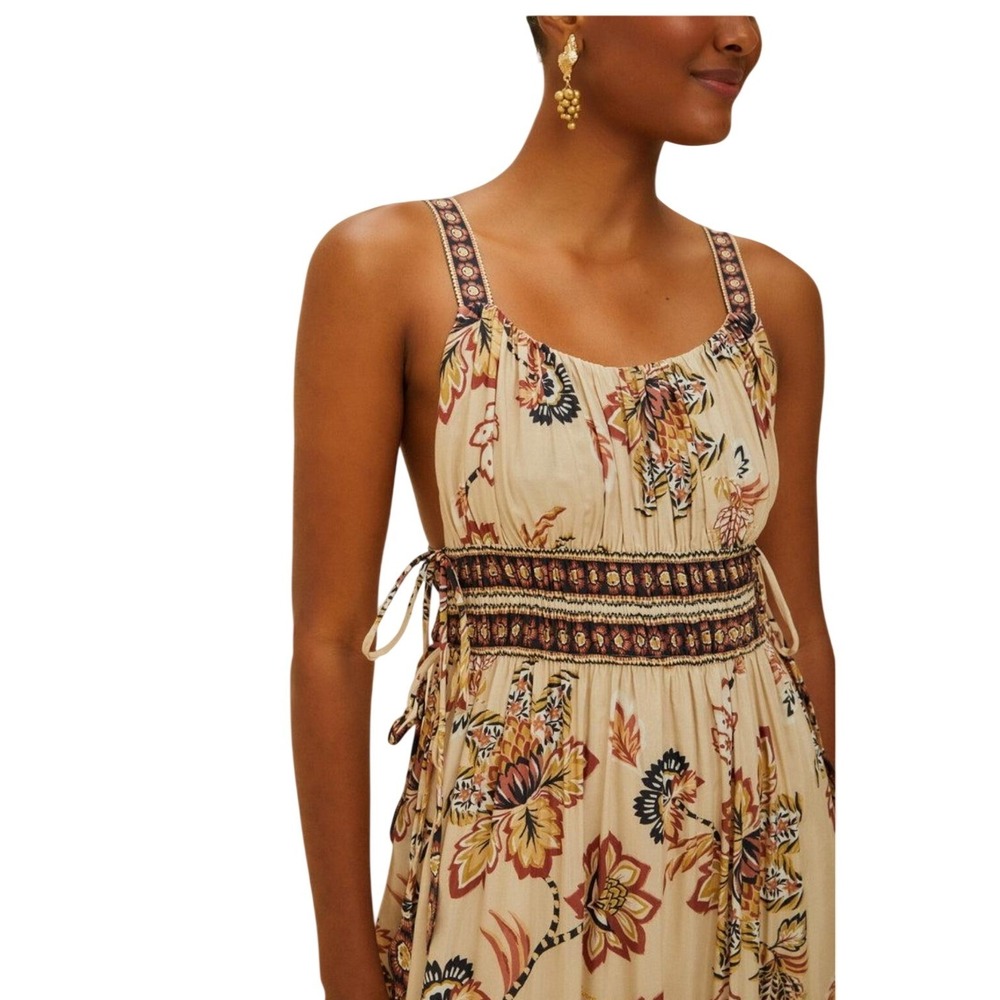 Farm Rio NWT SZMED Aura Floral Sand Maxi Dress Floral Cream Tier Spaghetti Strap - Picture 4 of 16